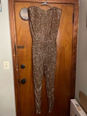 Fashion Nova Bronze Sequin Strapless Jumpsuit